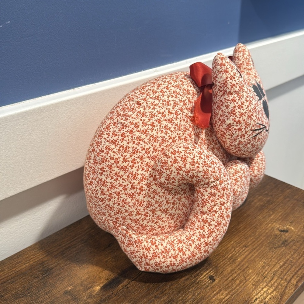 Vintage Fabric Cat Doorstop Stuffed Pillow Kitty Cat Primative Folk Art Hand Sew - Picture 2 of 8